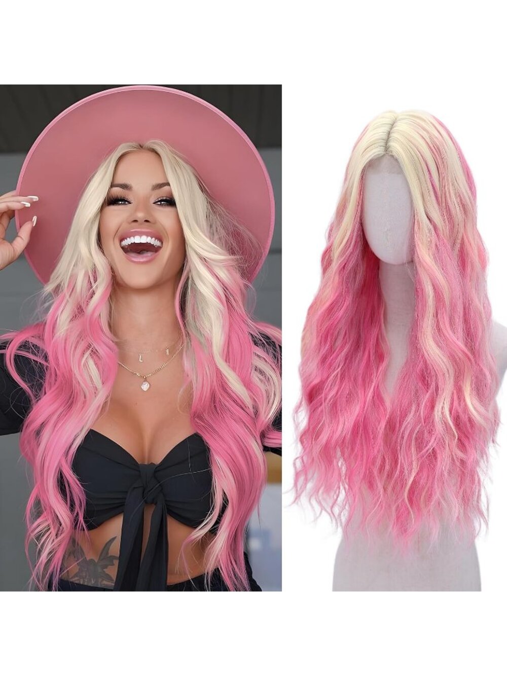 Women's Pink Blond Black WECAN 28 Inch Rainbow Wig Long Synthetic Colorful Hair